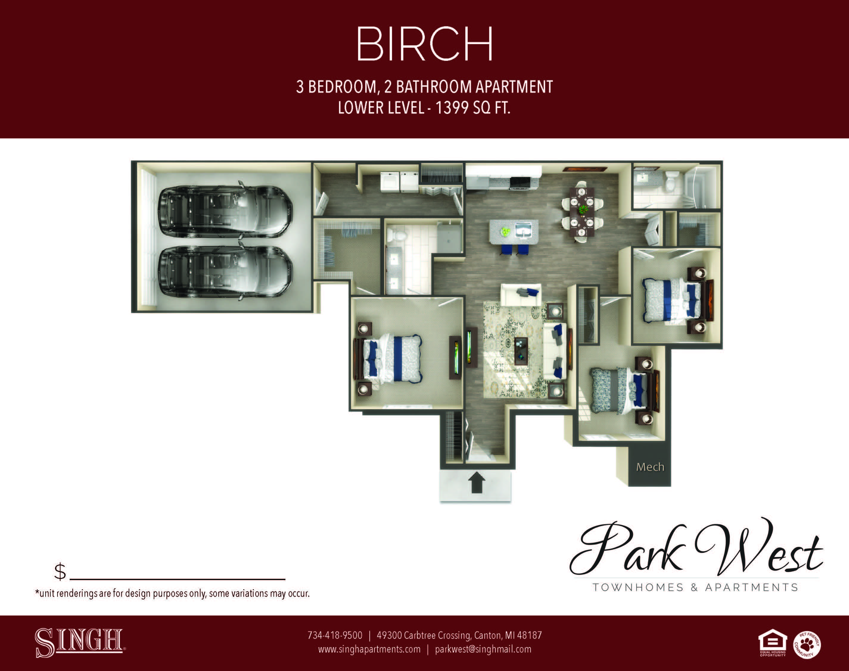 Floor plan for 3 beds, 2 baths, 1399 sqft